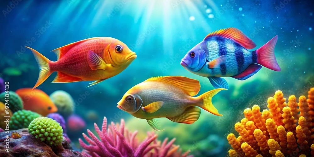 Fototapeta premium Vibrant aquatic life thrives beneath sunlit ocean surface, showcasing colorful swimmers amidst coral gardens