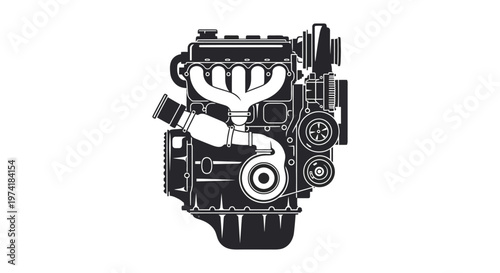 Detailed engine illustration in black and white showcasing mechanical components silhouette