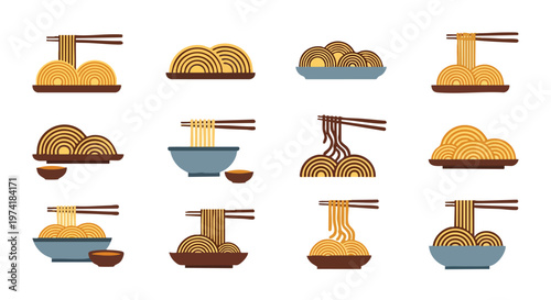 A collection of stylized illustrations featuring various presentations of a popular noodle dish. Chopsticks are shown with some images