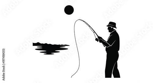 Fisherman casting a line towards the water under a dark sun silhouette