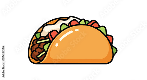 A cartoon illustration of a savory taco. It's filled with ground meat, lettuce, tomatoes, and a creamy white sauce. The shell is toasted