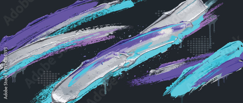 Grunge punk urban background in purple black colors with paint splatters and drips. Grunge punk y2k halftone background with hand drawn bold brush strokes. Scratches effect, purple spray paint