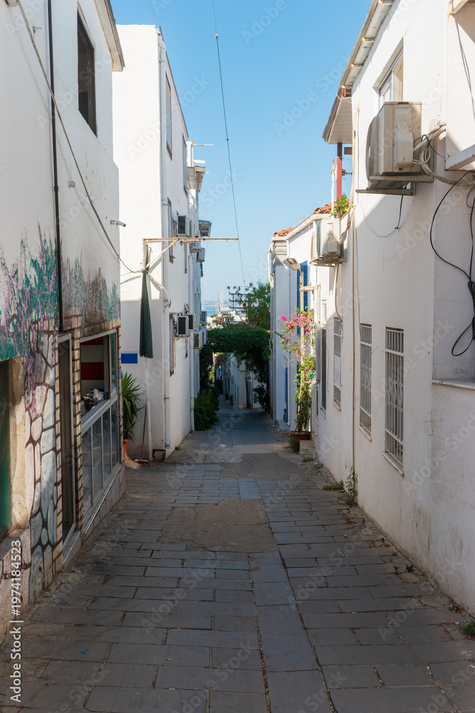 Fototapeta premium Bodrum, Turkey. Narrow cobblestone street descending toward the Aegean Sea, lined with whitewashed houses and traditional architecture, with the blue sea visible at the bottom.