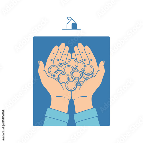 Generous Offering: An illustration of open hands cupping a collection of coins, symbolizing charity, giving, and financial support.