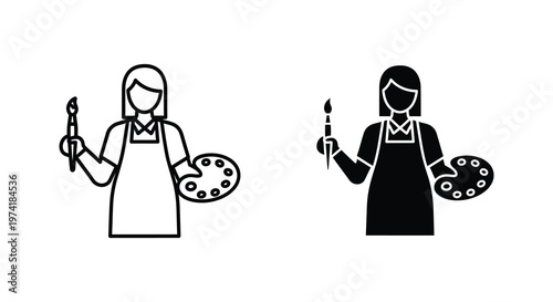 Two artistic female figures holding palettes and brushes black silhouette