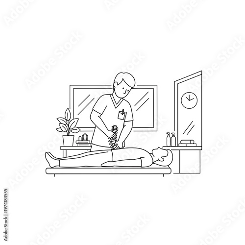Massage Therapy Session: A line-art illustration shows a massage therapist meticulously tending to a client. This scene captures the essence of relaxation and holistic wellness.