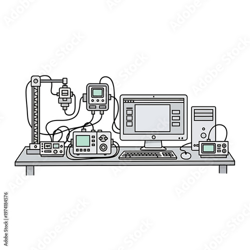 Laboratory Setup: A detailed illustration of a laboratory setup, featuring a computer and various connected scientific instruments, ready for experimentation and data analysis.