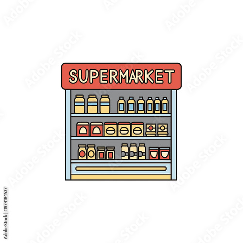 Supermarket Shelves: A brightly illustrated depiction of a supermarket shelf, stocked with a variety of food products, showcasing the essence of consumer goods