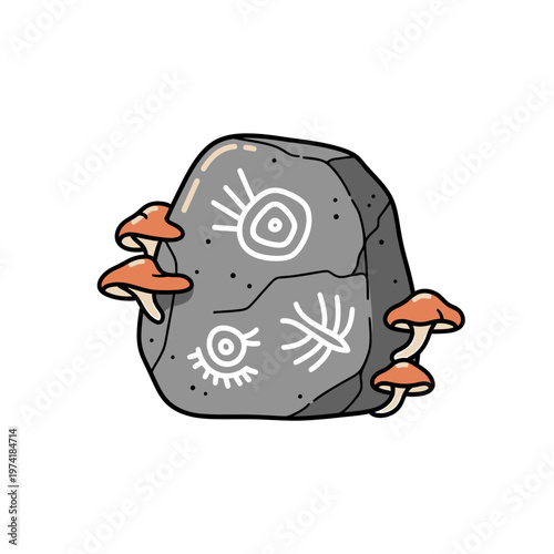 Ancient Rock Art and Mushrooms: A fascinating stone etched with ancient symbols hosts vibrant mushrooms, a striking blend of history and nature.