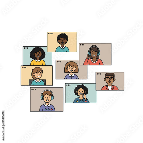 Virtual Collaboration: A cluster of screens showcases diverse individuals engaged in a virtual meeting, fostering connection and collaboration across distances.