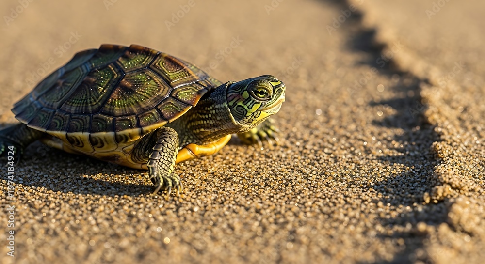 Obraz premium small turtle on sandy road with cracked asphalt