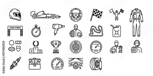 icon liner set collection of formula racing elements like cars, steering wheels, fuel cans, spark plugs, pit crew, and dashboards.