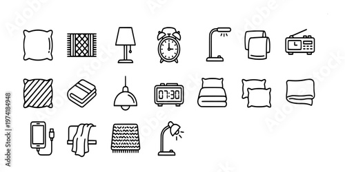 icon liner set collection of cozy bedroom items including pillows, blankets, alarm clocks, lamps, rugs, towels, and bedside electronics accessories.