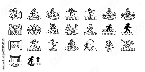 icon liner set collection of ninja characters performing various martial arts poses, water walking, meditation, scrolls, and traditional japanese temple.