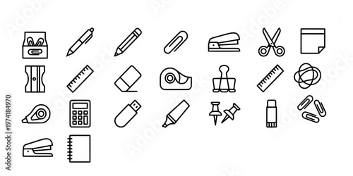 icon liner set collection of essential office stationery such as pens, pencils, paperclips, staplers, scissors, calculators, and daily workspace tools.