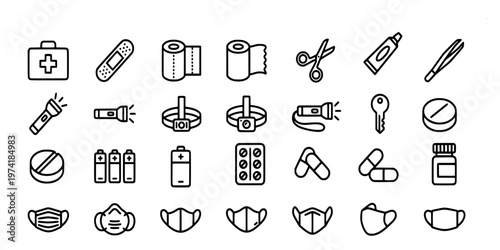 icon liner set collection of medical emergency supplies including bandages, medicine, flashlights, batteries, protective masks, and first aid tools.