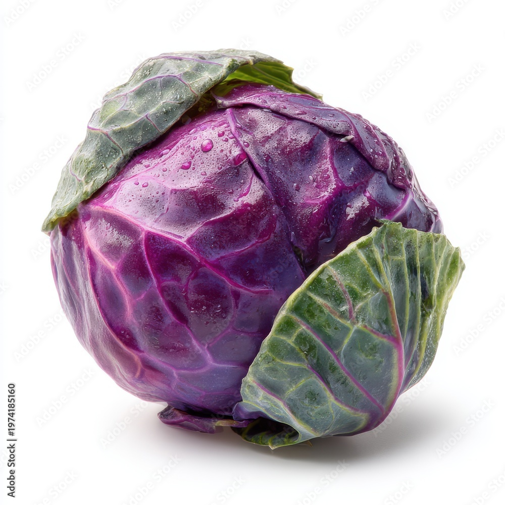 Obraz premium Vibrant Red Cabbage with Water Droplets Isolated on White Studio Background