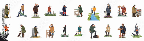 Collection of various shepherd and country man characters in traditional British attire with sheepdogs and crooks, isolated on white background.