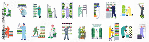 Illustration set of workers in modern vertical hydroponic farms using smart technology and protective gear to grow and manage indoor crops.