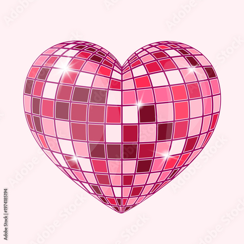 Pink disco ball heart with mirrored tiles and glossy sparkle effect, romantic retro illustration isolated on soft background.