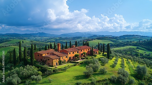 Hilltop estate in rolling countryside landscape