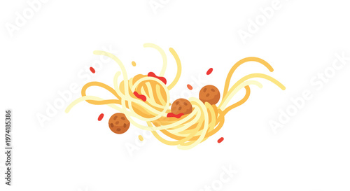 A cartoon illustration shows a dish of spaghetti and meatballs. The strands are swirled, with meatballs and red sauce details