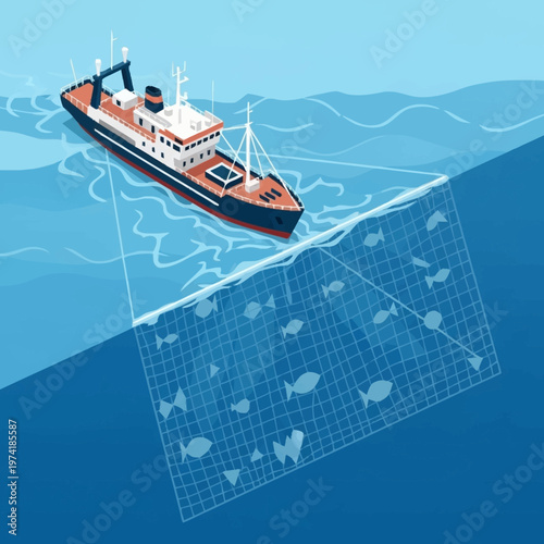 Fishing boat conducting underwater sonar survey.