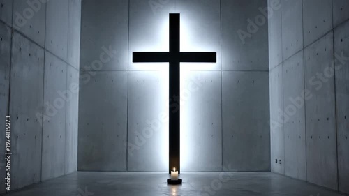 Modern Minimalist Black Cross in Concrete Sanctuary with Candle