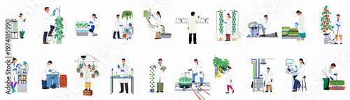 A collection of scientists and researchers working on advanced indoor farming, hydroponics, and biotechnology projects in modern laboratory and greenhouse settings.