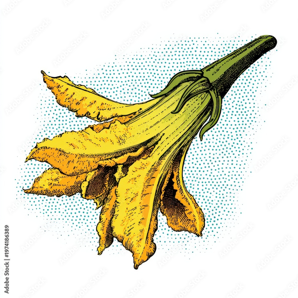 Fototapeta premium Yellow Squash Blossom with Green Stem and Teal Speckled Background Detailed Illustration