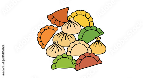 An illustration depicts a collection of stylized dumplings of various shapes and colors against a white background