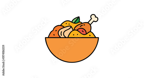 A vibrant food illustration featuring a bowl of mixed cuisine, with a drumstick on top. Bright orange color palette