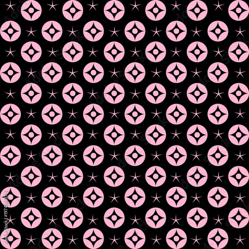 Elegant seamless pattern with pink monogram style icons on black background. Ideal for fashion, luxury branding, and stylish packaging design.