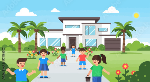 Happy children playing in front of a modern house on transparent background silhouette