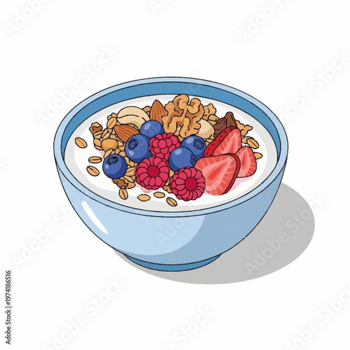 A bowl of yogurt with fruit and nuts.