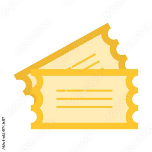 Two Yellow Movie Ticket Icons Isolated on White Background. Vector Flat Illustration of Cinema Entrance Coupons for Entertainment, Show, Event, Travel and Theater Booking Concept. Vector EPS 10.