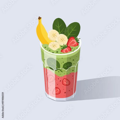 A colorful layered smoothie with fruit.