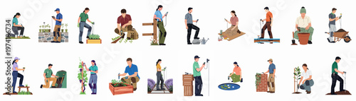 A comprehensive collection of agricultural workers and gardeners using digital sensors to monitor soil, water, and plant health in various garden and farm settings.