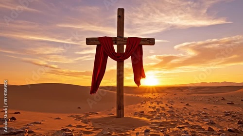 Wooden Cross with Red Cloth in Desert Sunset