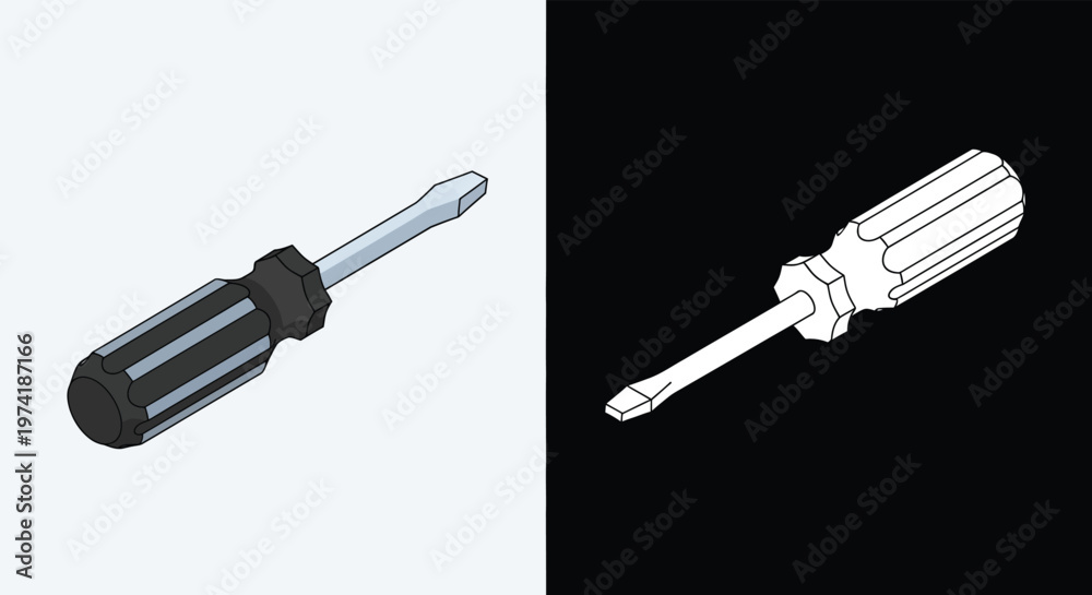 Fototapeta premium Isometric illustration of a flathead screwdriver with a black handle, presented alongside its black and white outline drawing.
