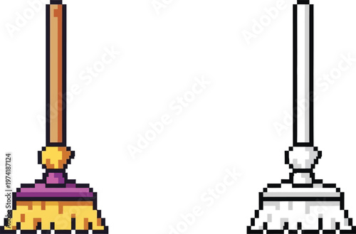 Pixel art illustration featuring two brooms, one in full color and another in a monochrome outline style, on a white background.