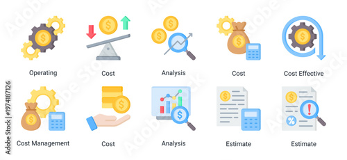 Cost basics icon set icons including cost,analysis,estimate,and management.Suitable for business,finance,UI,and infographic design.