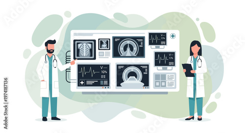 Medical team reviews MRI scans and patient data on a digital display in a modern clinic