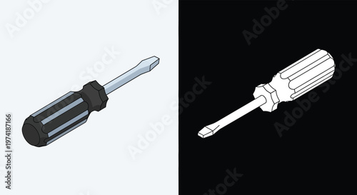 Isometric illustration of a flathead screwdriver with a black handle, presented alongside its black and white outline drawing.