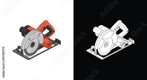 Isometric illustration of a circular saw, a powerful electric tool for cutting wood and other materials, shown in both color and outline versions.