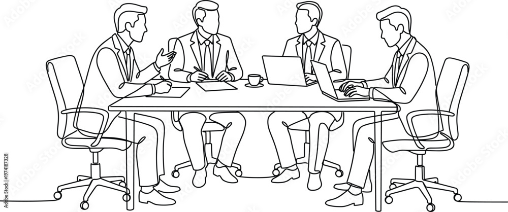 Fototapeta premium Four business professionals engaged in discussion around table with laptops and documents during office meeting line art illustration