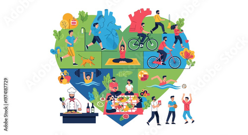 Healthy Lifestyle Heart Shape Collage: Fitness, Nutrition, Recreation & Wellbeing