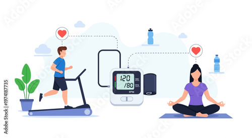 Healthy lifestyle: man running, woman meditating, blood pressure monitor, heart health