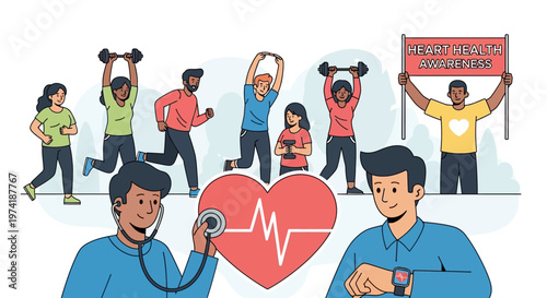Heart Health Awareness: Diverse People Exercising and Doctor Checking Pulse