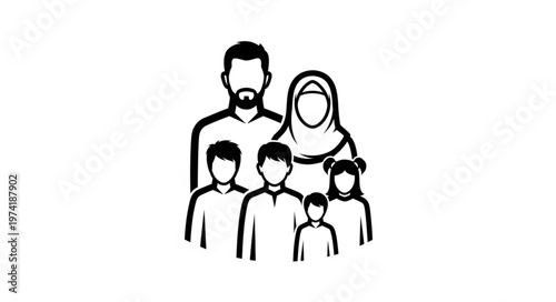 Family portrait of a Muslim family with five members in a simple illustration.